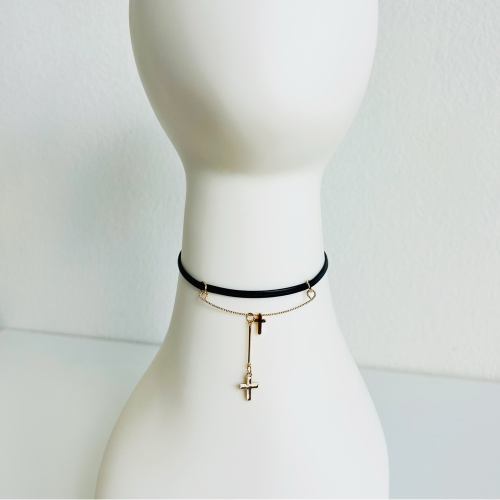 ⭐️Black Leather Gold Bar Double Cross Slider Minimalist Choker Necklace